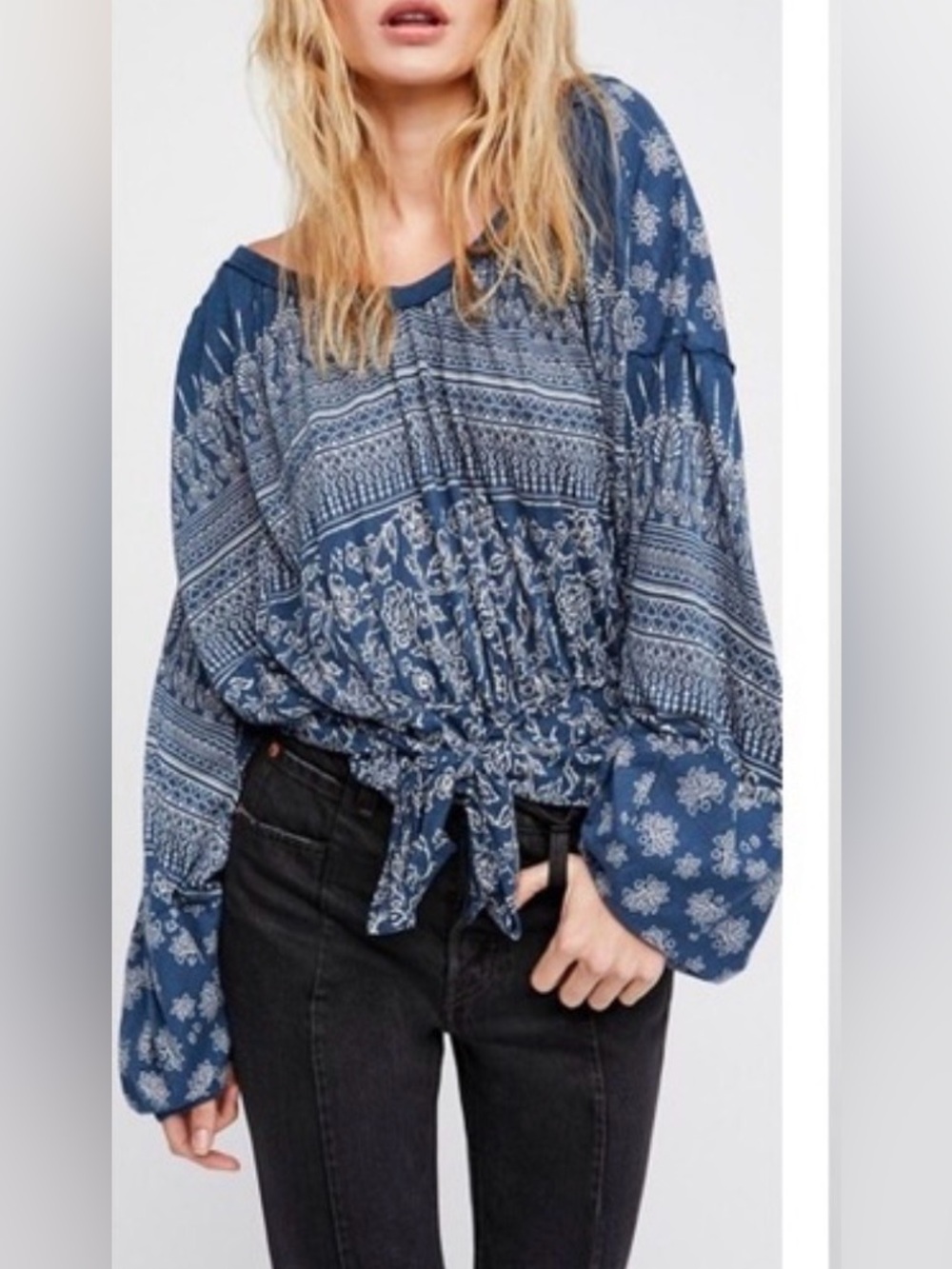 Free People Blue Printed Tie-Front Peasant Tunic